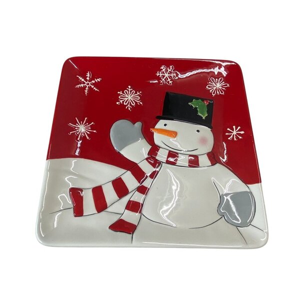 St. Nicholas Square Snowman Appetizer Plates Set Of 2 Red & White Ceramic - Picture 2 of 7